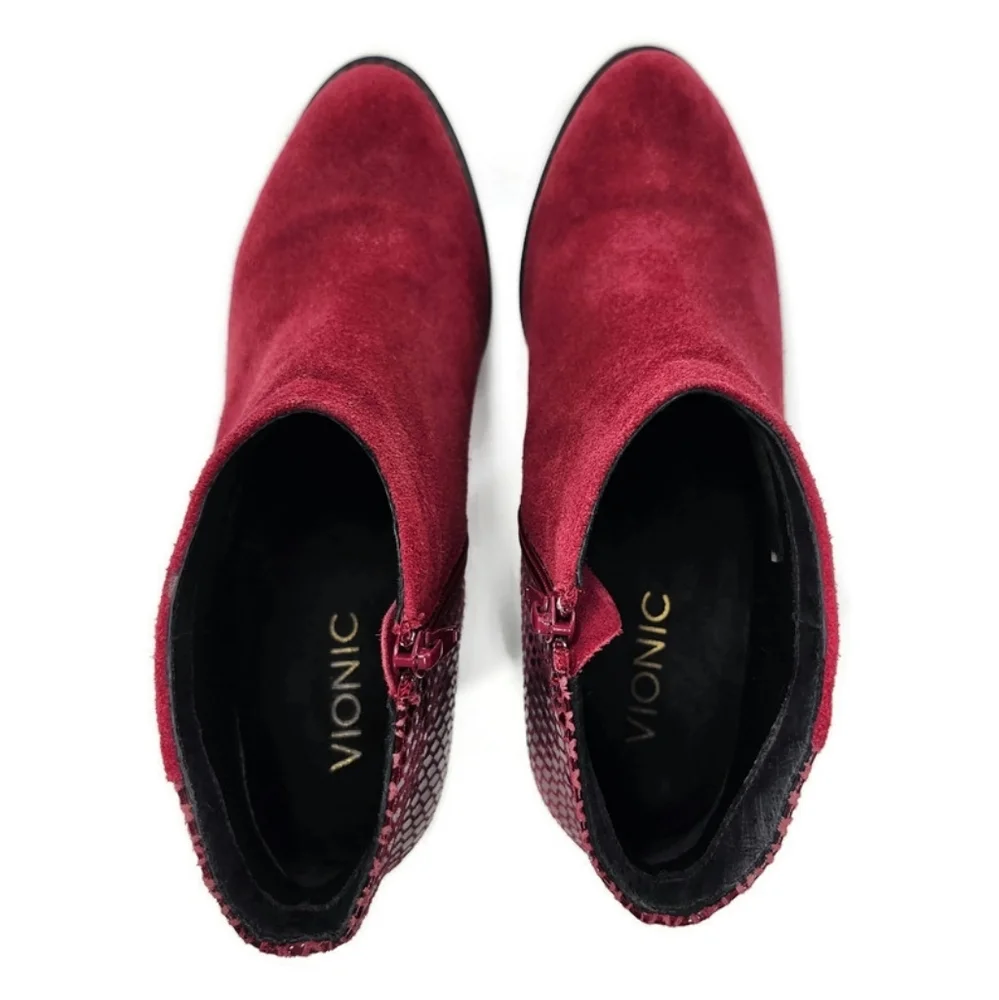 Vionic Bromley Cabernet Red Suede & Textured Snake Print Block Heel Ankle Boots - Picture 10 of 13
